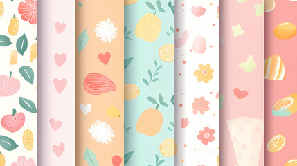 A collection of seamless scrapbook patterns in a pastel color palette, featuring various designs including florals, fruits, and hearts. Pastel Palette. Illustration
