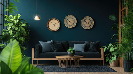 A stylish dark blue living room with wooden furniture, green plants, and modern wall decor. A black sofa is placed in the center of the space