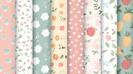 A collection of seamless scrapbook patterns in a pastel color palette, featuring various designs including florals, fruits, and hearts. Pastel Palette. Illustration