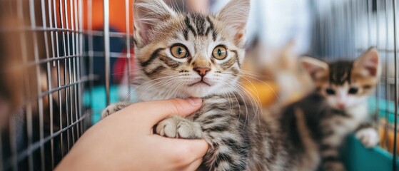 Person smiling as they adopt a loving cat surrounded by other adoptable pets and decorated adoption booths