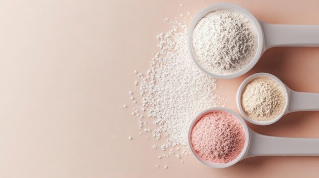 Protein powder scoops with dust effect, active lifestyle concept, 3D illustration