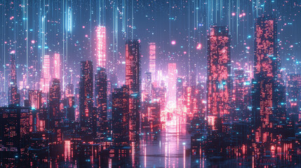 Fototapeta premium A vibrant cyberpunk cityscape illuminated by neon lights and holographic elements creates futuristic atmosphere. skyline is filled with towering skyscrapers, reflecting blend of technology and urban l