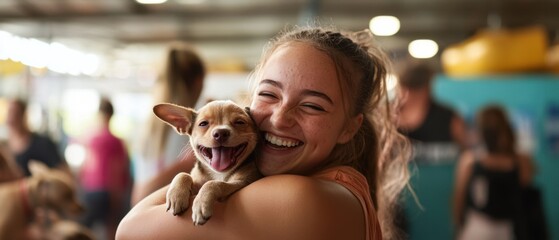 Joyful person and new furry friend at a lively pet adoption fair with happy animals and supportive staff in the background