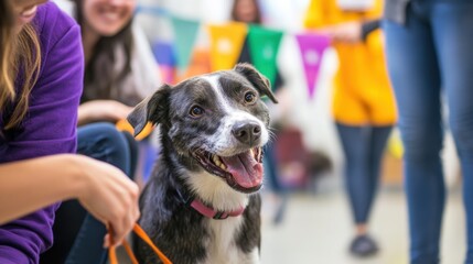 Person interacting with a playful dog at a pet adoption event filled with colorful banners and enthusiastic pet lovers