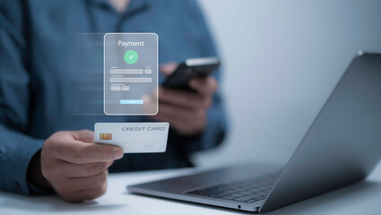 Digital online payment concept. Business people using computer laptop, online payment, banking.Online Money Transfer Confirmed.Concept of e-commerce and online banking, payment transfer.