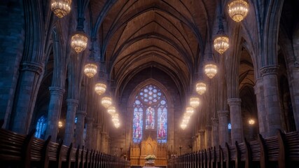 Naklejka premium Ethereal interior of cathedral with central aisle and altar