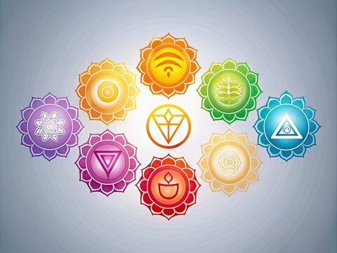 Vibrant, intricately designed Sanskrit symbols of the seven chakras, including the root, sacral, solar plexus, heart, throat, third eye, and crown, on a subtle gradient background.