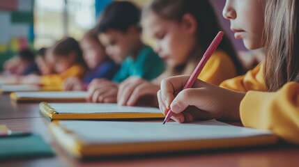 Kids writing and helping in class for education concept