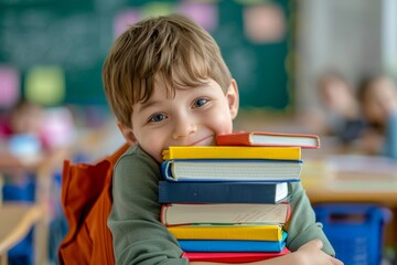 Diverse classroom scene happy child hugging books reflecting knowledge and laughter. Lively classroom joyful child hugs books representing childhood and learning. Bond of students 