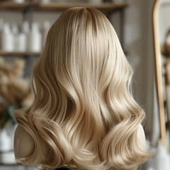 Naklejka premium Close-up of a blonde wig styled with soft, wavy curls on a mannequin, set in a salon environment with blurred background.