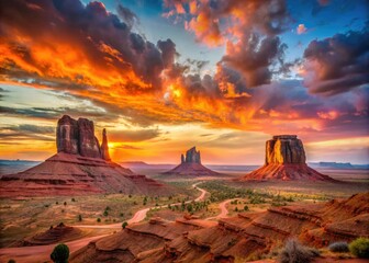 Vibrant orange and pink hues illuminate the rugged, arid landscape of Monument Valley, with iconic sandstone formations and vast, open desert skies at sunset.