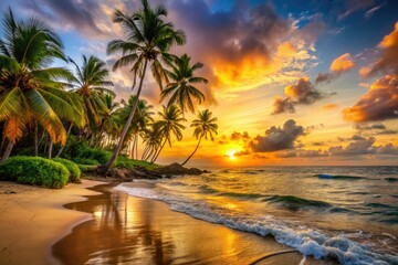 Fototapeta premium Vibrant orange and yellow hues of a serene sunset cast a warm glow on a tranquil beach with gentle waves and lush green palm trees.