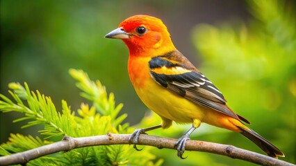 Fototapeta premium Vibrant orange and yellow plumage contrasts with subtle gray wings and tail of a western tanager, perched on a branch in a lush forest habitat.