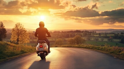 A Man on Scooter Racing Down a Country Road at Sunset,   Motorcycle and Beautiful Rolling Hills in the Background