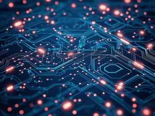 A close up of a circuit board with many small orange and blue dots