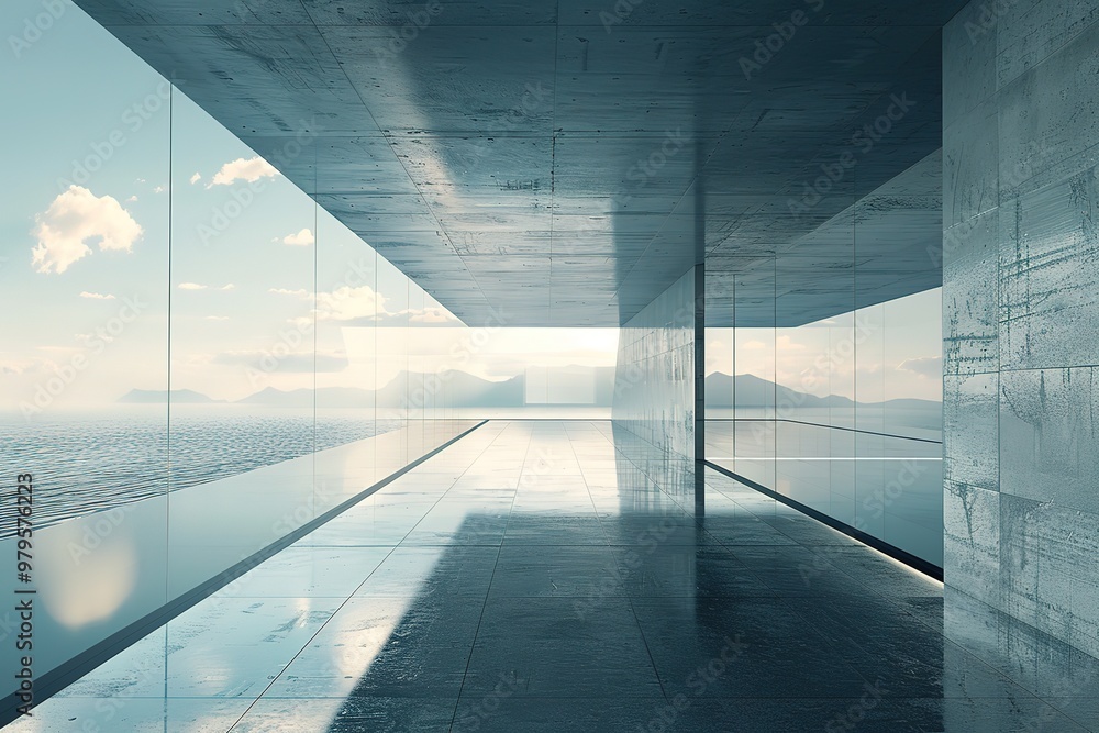 Poster d render of abstract futuristic glass architecture with empty concrete floo