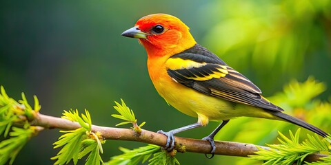 Fototapeta premium Vibrant orange-headed male Western Tanager perches on a lush green branch, showcasing bright yellow body and distinctive songbird features in a natural forest setting.
