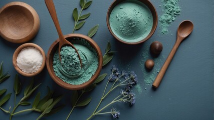 Flat lay spa skincare theme with wooden bowls