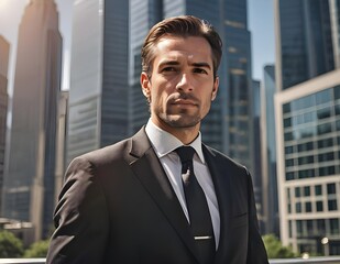 Fototapeta premium Portrait of a professional business person. Businessman in a black suit against the backdrop of a city