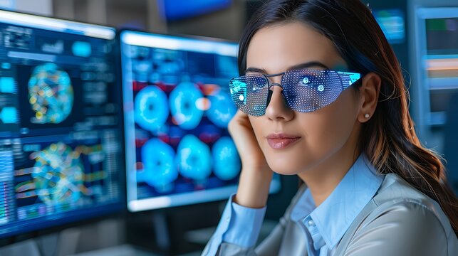 A woman wears futuristic glasses, her eyes fixed on a computer screen filled with flowing data.