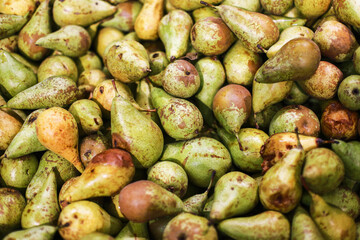 Pile of pears background. Group of fruits texture. Stacked in a market grocery store. Organic and healthy pears ready for sale. Fresh vitamins pattern.
