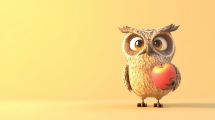 A playful cartoon owl balancing on one foot, holding an apple, isolated on a pastel yellow background.