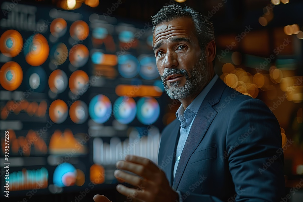 Poster A man in a suit stands in front of a large monitor displaying various graphs