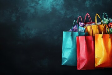 artistic illustration of shopping bags overflowing with purchases on a black backdrop, black friday sale banner with text area