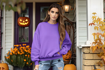 Woman wearing blank Purple Sweatshirt, Halloween Sweater mockup
