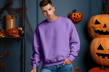 Man wearing blank Purple Sweatshirt, Halloween Sweater mockup