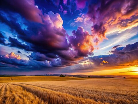 Vibrant purple-blue clouds gather at dusk, excluding sunlight, casting a serene and dramatic shadow over a vast, rolling landscape of golden wheat fields.