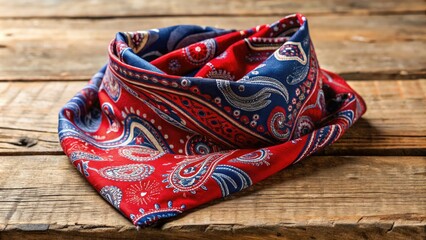 Vibrant red and blue paisley-print bandana with a classic western flair, folded and tied in a rustic knot, set against a neutral background.