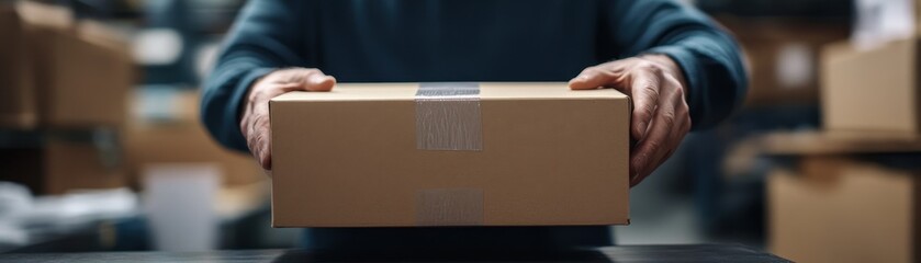 A person holding a cardboard box in a warehouse setting, symbolizing logistics and shipping operations.