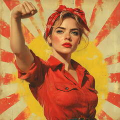 A woman with a confident expression, wearing a red bandana and shirt, stands with her fist raised in a powerful pose against a vintage red and yellow striped background.