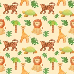 cute watercolor childish seamless pattern. children’s animals background, giraffes, lions, tigers, palm trees, turtle print for nursery, packaging paper, fabrics, wrapping gifts