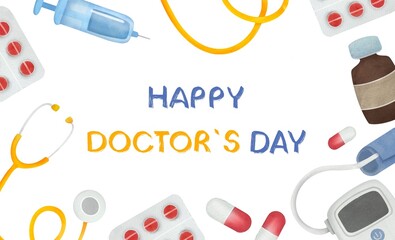 Happy Doctors Day. Medical greeting card with International text and Medical instruments illustration on white background