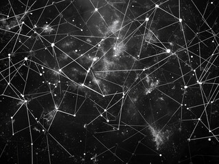 A black and white image of a starry sky with many lines and dots