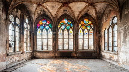 Obraz premium Abandoned church interior with colorful stained glass windows and worn walls in soft sunlight