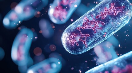 Microscopic illustration of bacteria with DNA strands visible.