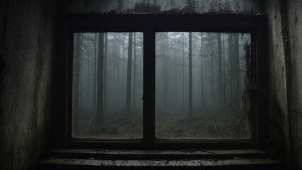 Foggy forest view through dusty wooden windowpanes