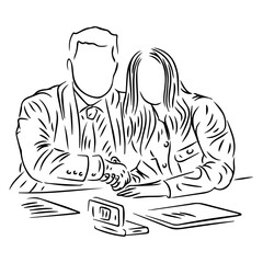 Two men and a woman who was shaking hands line art illustration