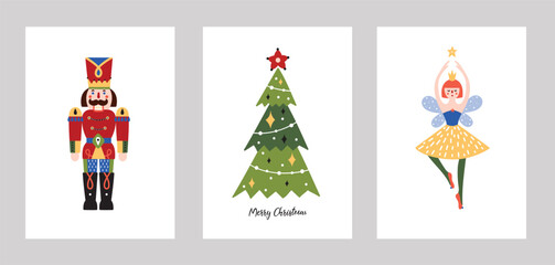 Vector set of greeting cards of nutcracker, ballerina and christmas tree. Merry Christmas conceptInterior poster. Hand drawn illustration.