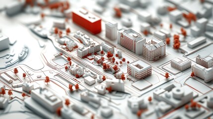 A detailed 3D model of an urban landscape featuring buildings, trees, and infrastructure.