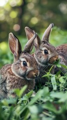 Fototapeta premium Two adorable brown rabbits eating green grass in a garden.