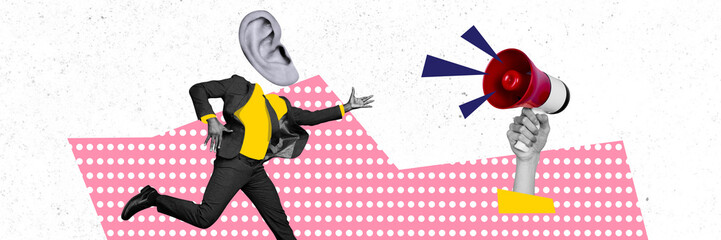 Panoramic collage headless caricature businessman loudspeaker announce information listen ear...