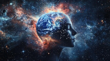 a human, with visible brain from the inside, brain is actually planet earth, stars and planets...