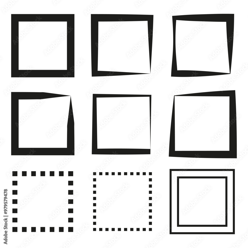 Poster abstract square icon set. geometric distorted frames. black outlined shapes. minimalist design eleme