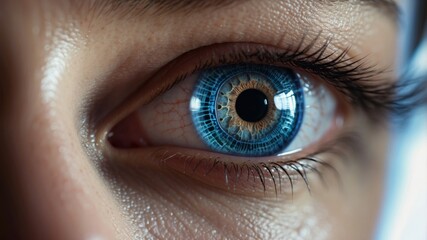 Futuristic blue eye with cybernetic light patterns