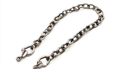A metal chain, designed for a keychain, with clasps on both ends, isolated against a white backdrop.