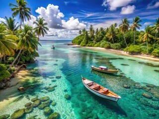 Obraz premium Vibrant tropical coastline of Western Samoa showcases turquoise lagoon, swaying palm trees, and rustic wooden boats lazily floating amidst crystal-clear waters and powdery white sand.